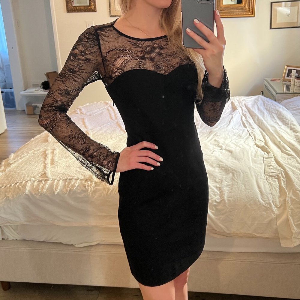 Black Lace Bell Sleeve Maje Mini Dress